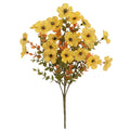 Plastic and silk artificial flower bouquet in autumn colours of red, yellow, orange and orange-yellow.