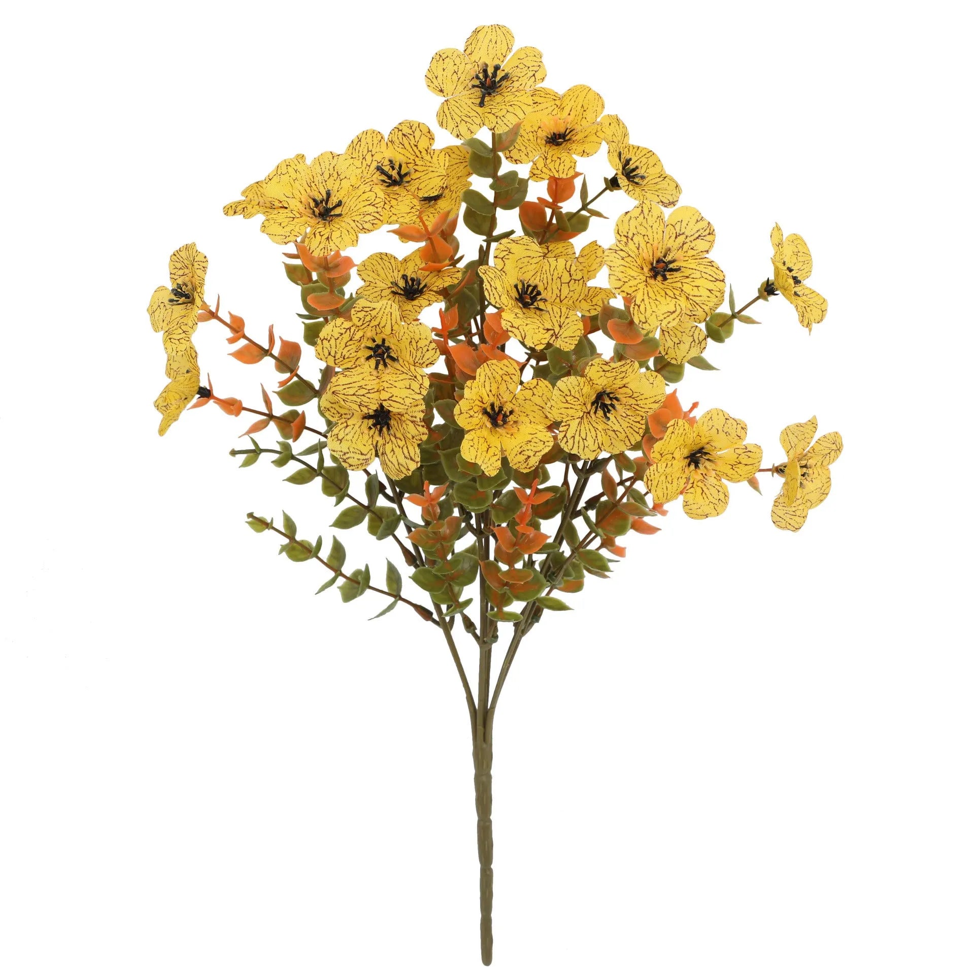 Plastic and silk artificial flower bouquet in autumn colours of red, yellow, orange and orange-yellow.