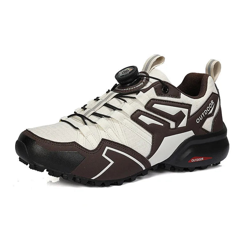 Men's lightweight hiking shoes with elastic band fastening in beige, black, and black-red colours