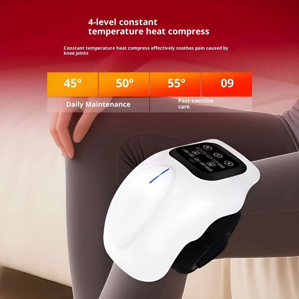 White LCD smart electric heating knee massager with infrared heat therapy for legs, on a table