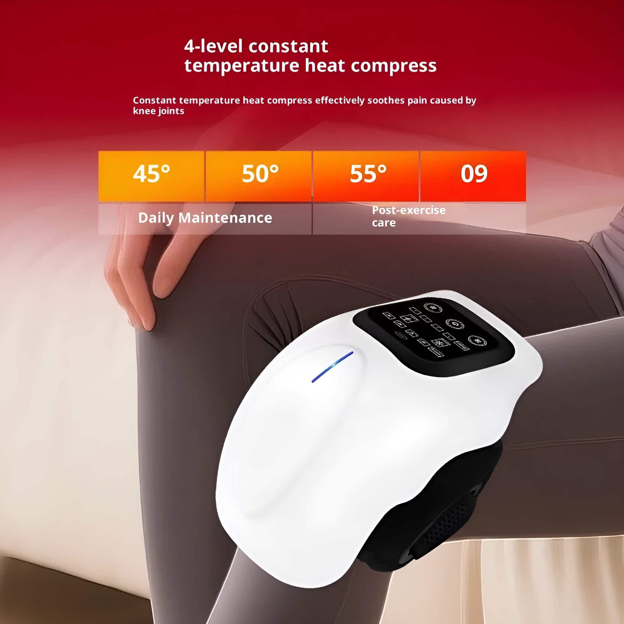 White LCD smart electric heating knee massager with infrared heat therapy for legs, on a table
