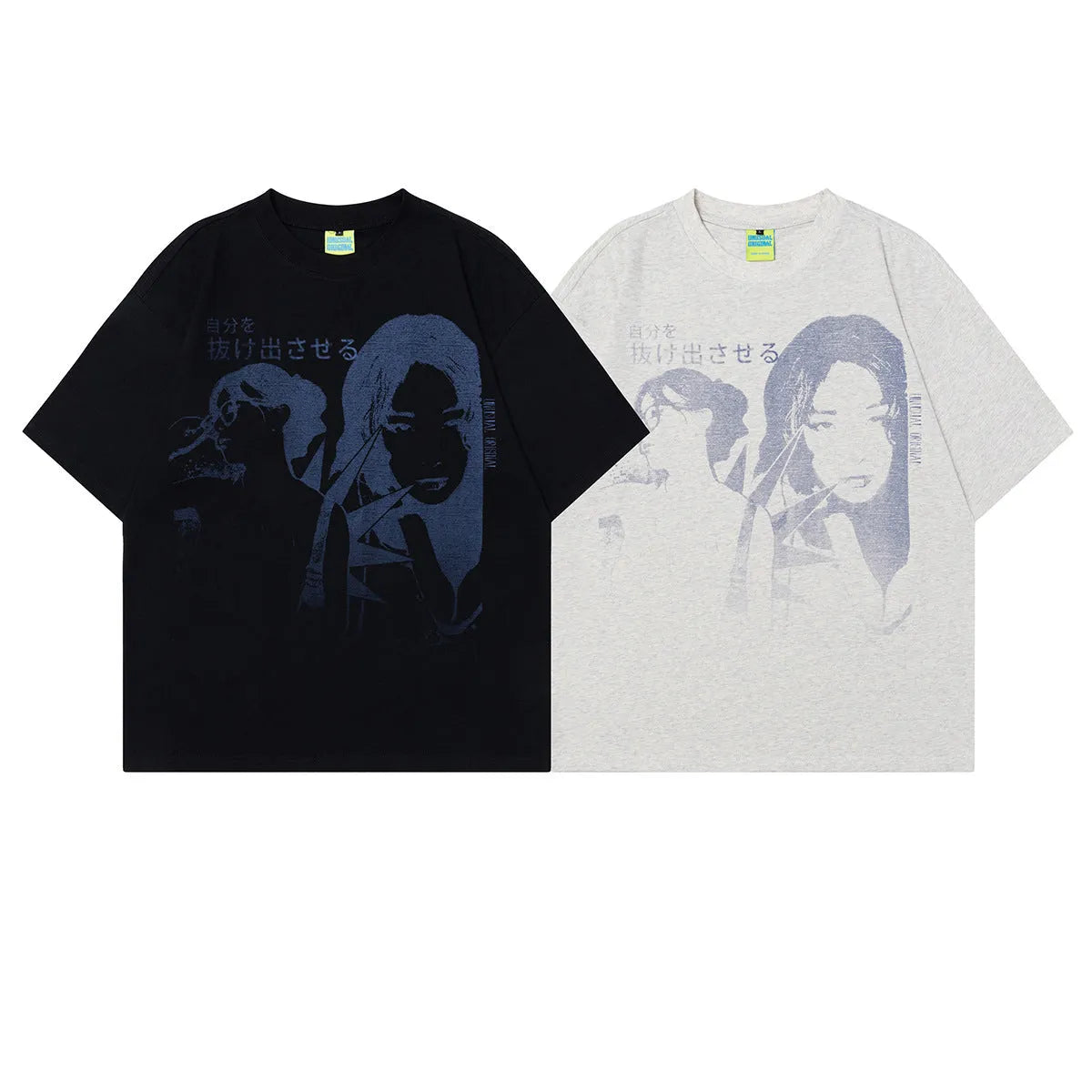 Men's grey cotton T-shirt with character design print showing loose fit and short sleeves