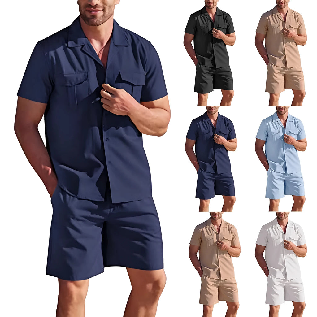 Linen lapel collar short sleeve shirt set with pockets in loose casual style, solid colour, women's summer outfit
