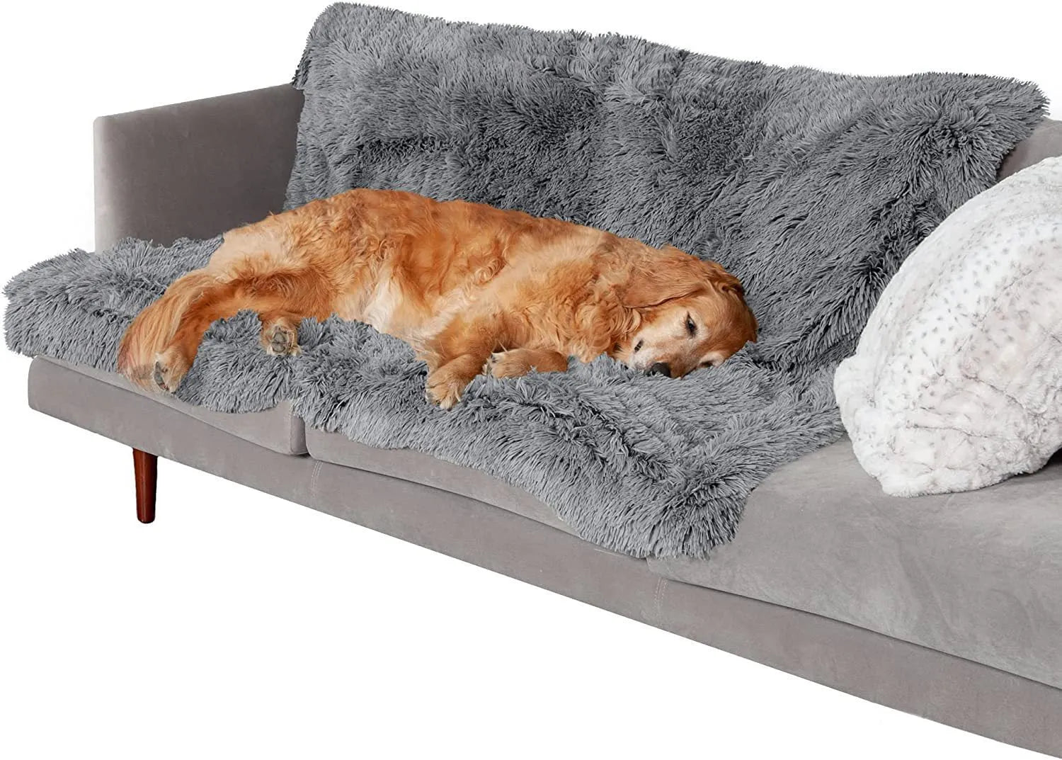 Dark grey plush waterproof dog cushion bed in a large size on a floor