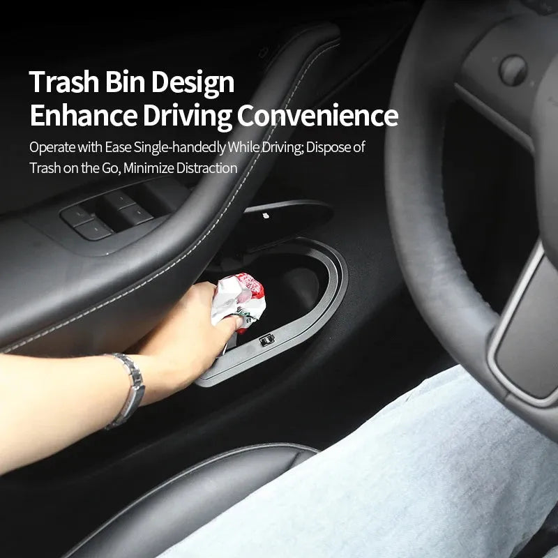Two black ABS plastic Tesla Model Y car door trash cans showing Y-type design
