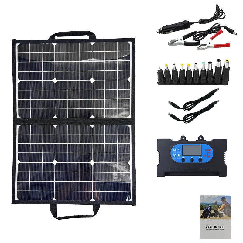 Black folding solar charger bag with 40W single crystal panels for portable outdoor power
