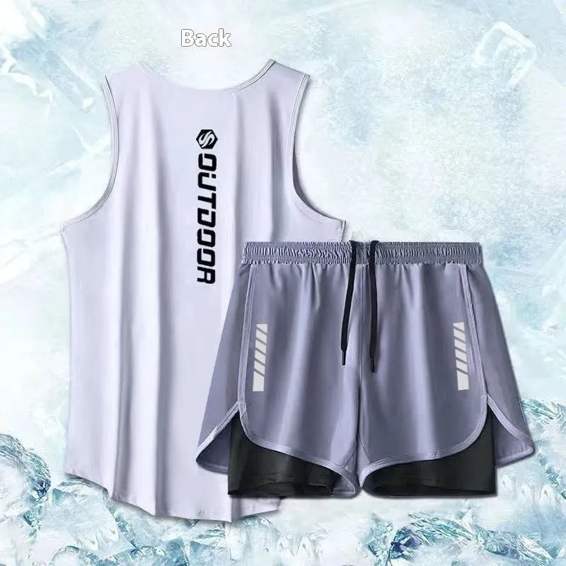 Men's sleeveless sports suit with lyocell fibre top and short skirt in black, white, and grey two-piece options