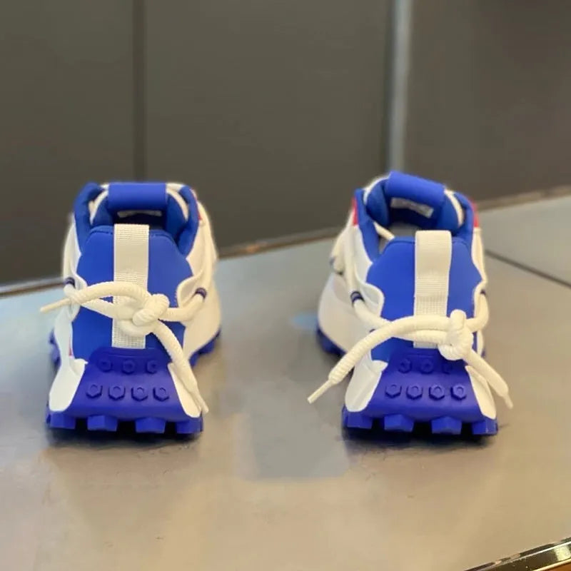 Thick sole height increasing board shoes in white, green, and blue, with mesh upper and rubber sole