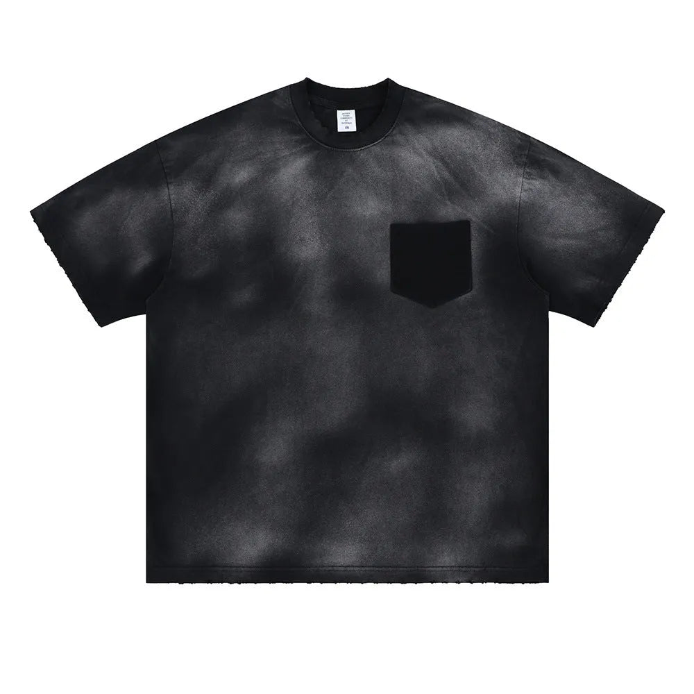 Men's black cotton T-shirt with printed letter pattern and drop-shoulder sleeves
