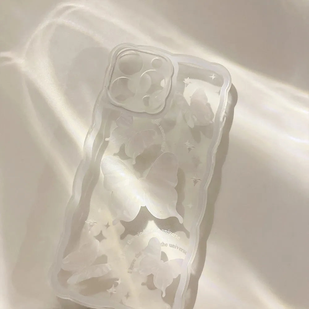 Transparent white crystal butterfly phone case in TPU for iPhone 12 to 15 models