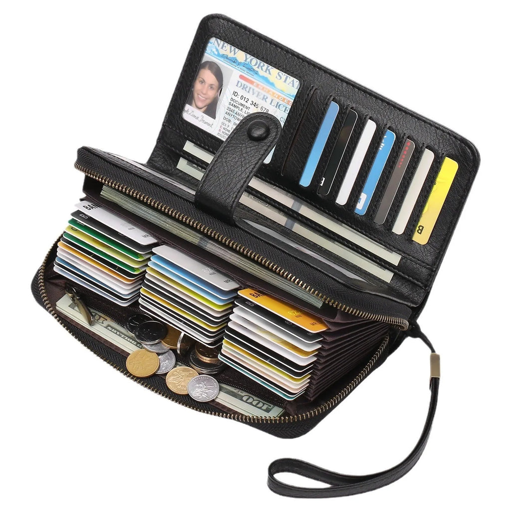 Women's expanding card holder long wallet in synthetic leather with anti-theft swiping function