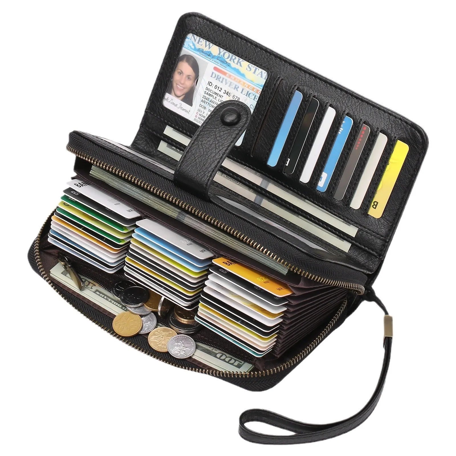 Women's expanding card holder long wallet in synthetic leather with anti-theft swiping function