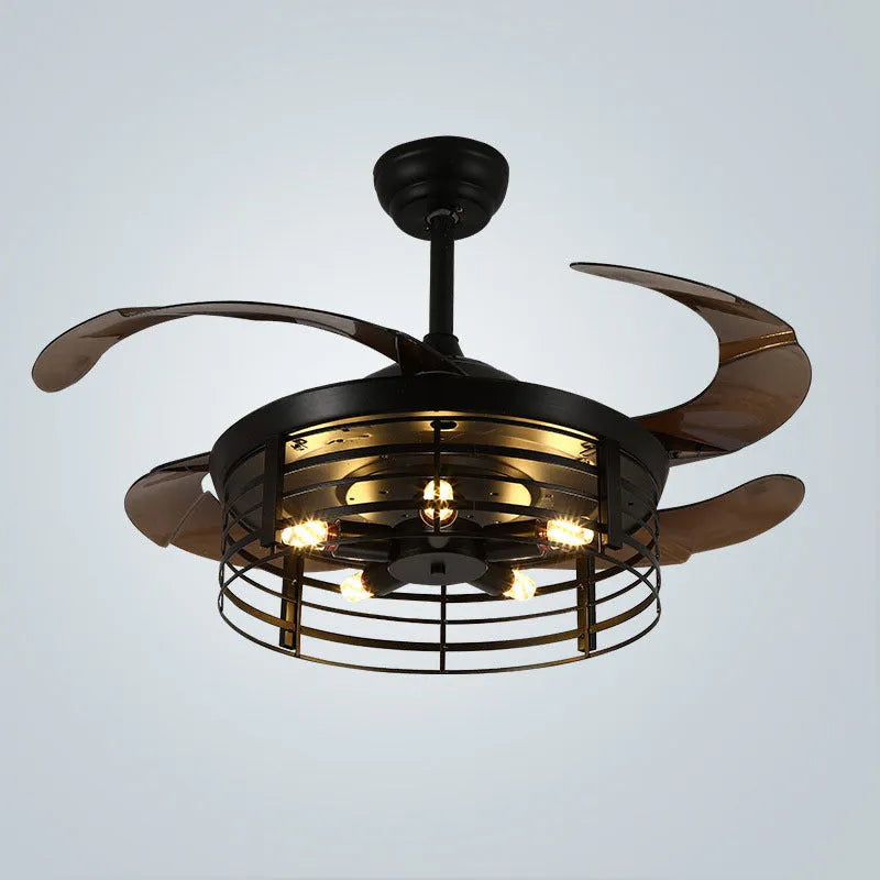 Industrial retro ceiling fan lamp with acrylic blades and integrated light fixture