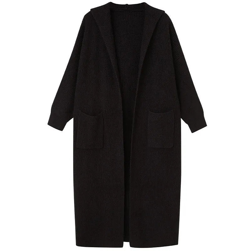 Long grey knitted cardigan sweater with hood showing 80cm length and loose fit trench coat style