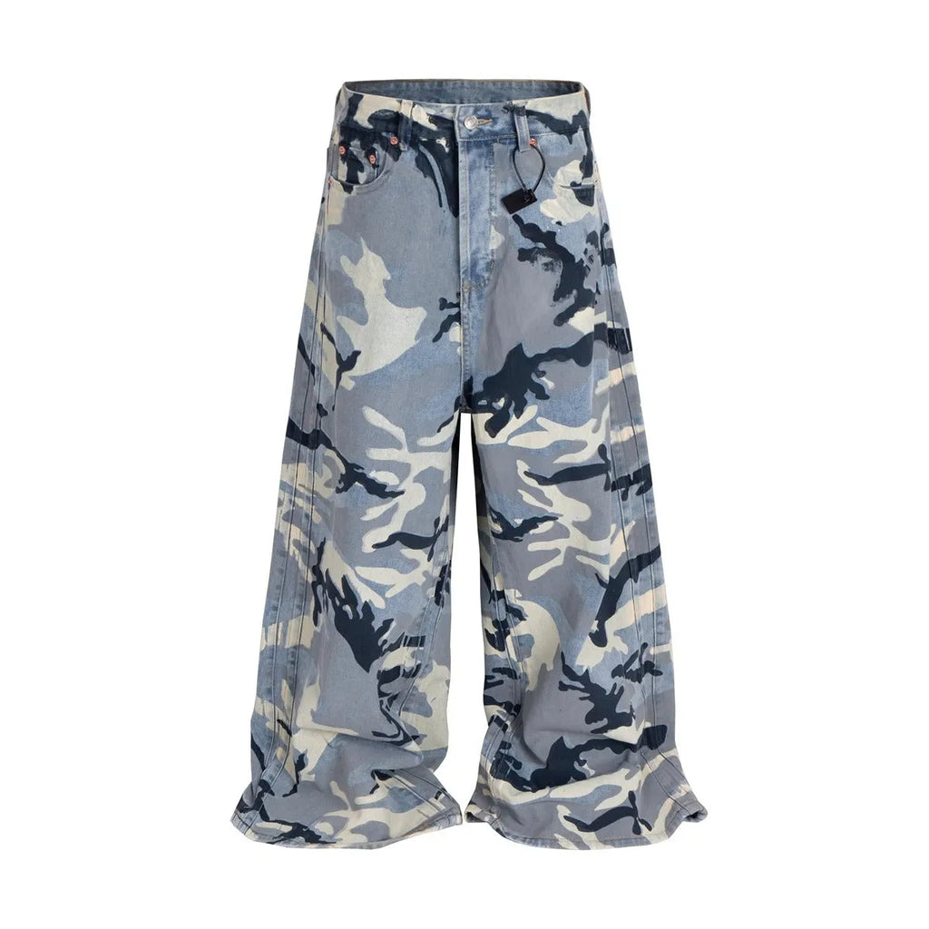 Snow camouflage blue loose fit jeans with micro-elastic cotton denim fabric