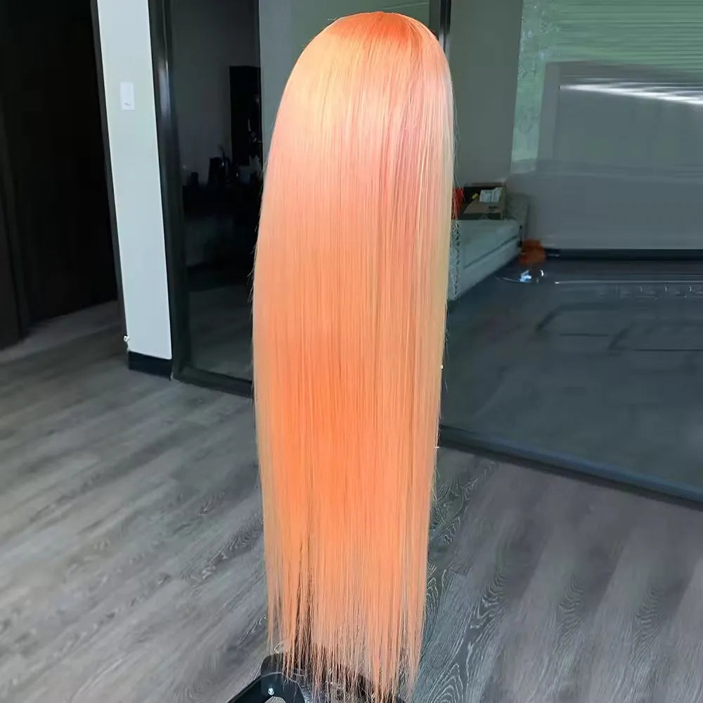 Light orange long straight front lace wig on a model, showing side bangs style.
