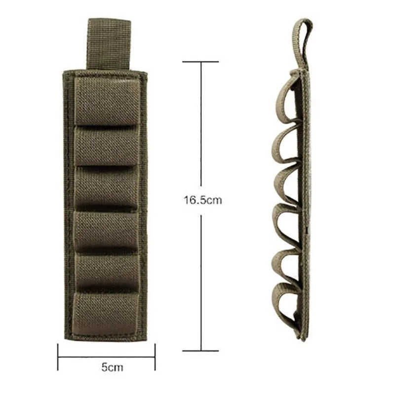 Army green 6-hole tactical nylon organiser pouch showing dimensions and hole layout.