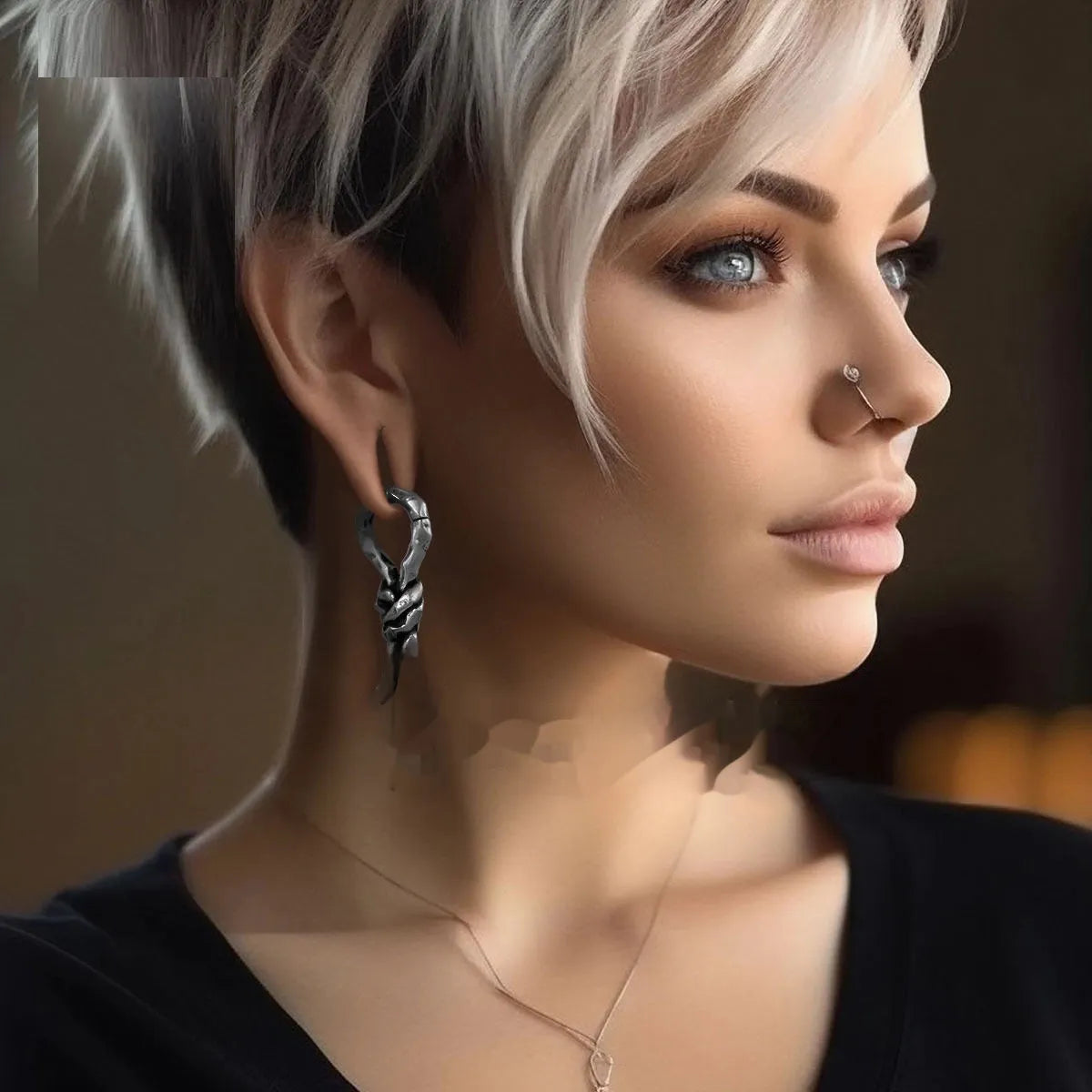Close-up of a single 4mm copper Creative Bends and Hitches earring with a bent wire design for cartilage piercings.