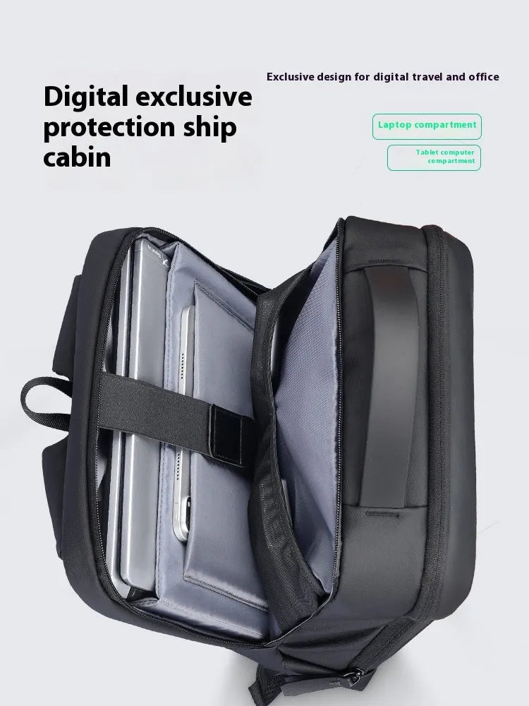 Graphite grey USB business backpack with Oxford cloth exterior and visible sewing thread construction