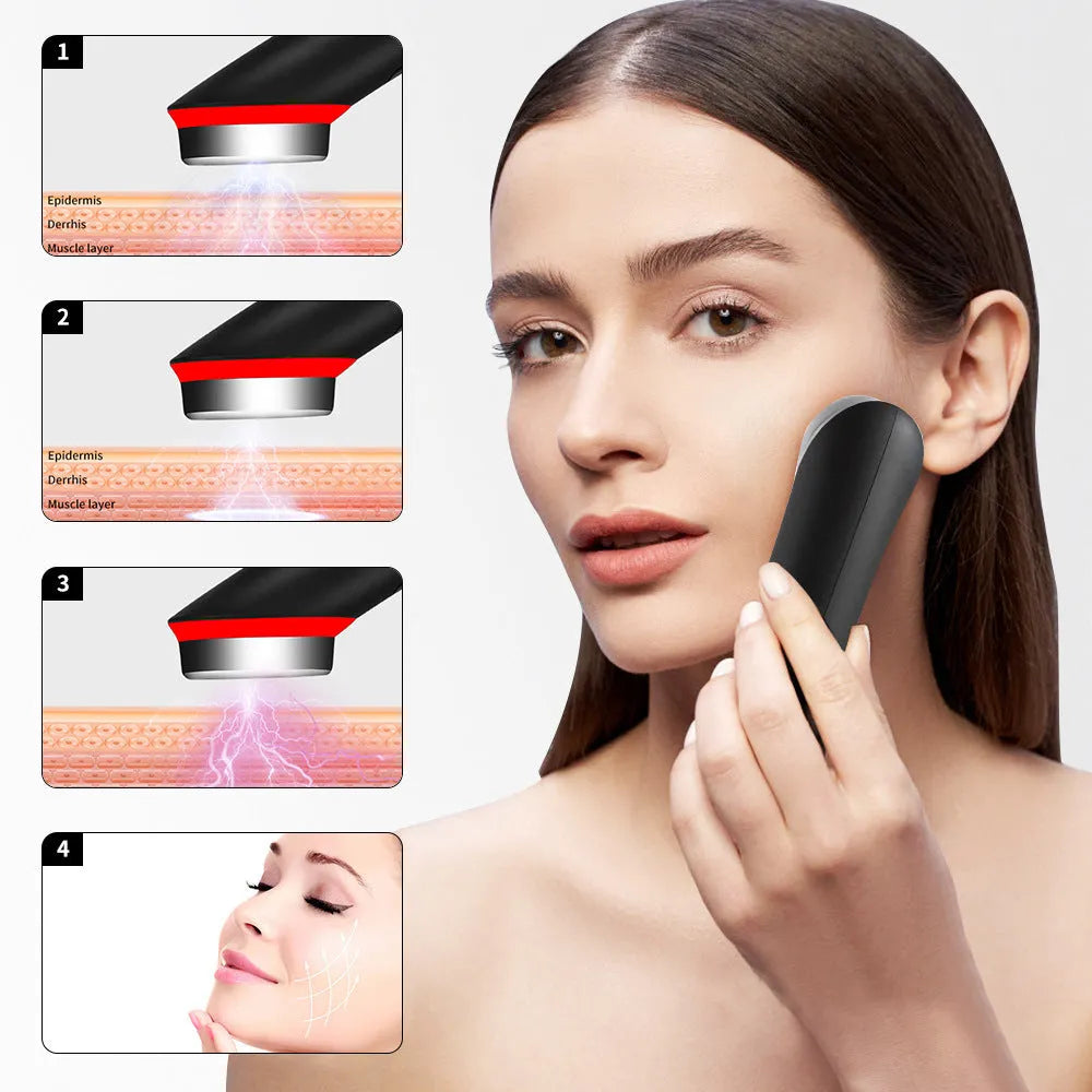 Black rechargeable eye massager with red and blue light vibration therapy for face relaxation