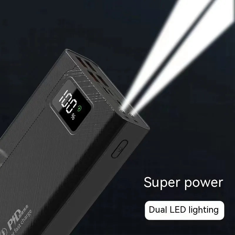 Black and white large capacity power bank with plastic shell showing fast charge support.