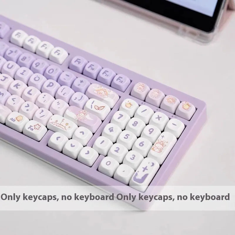 PBT plastic keycap set showing gradient purple colour and detailed rabbit themed designs for mechanical keyboards.