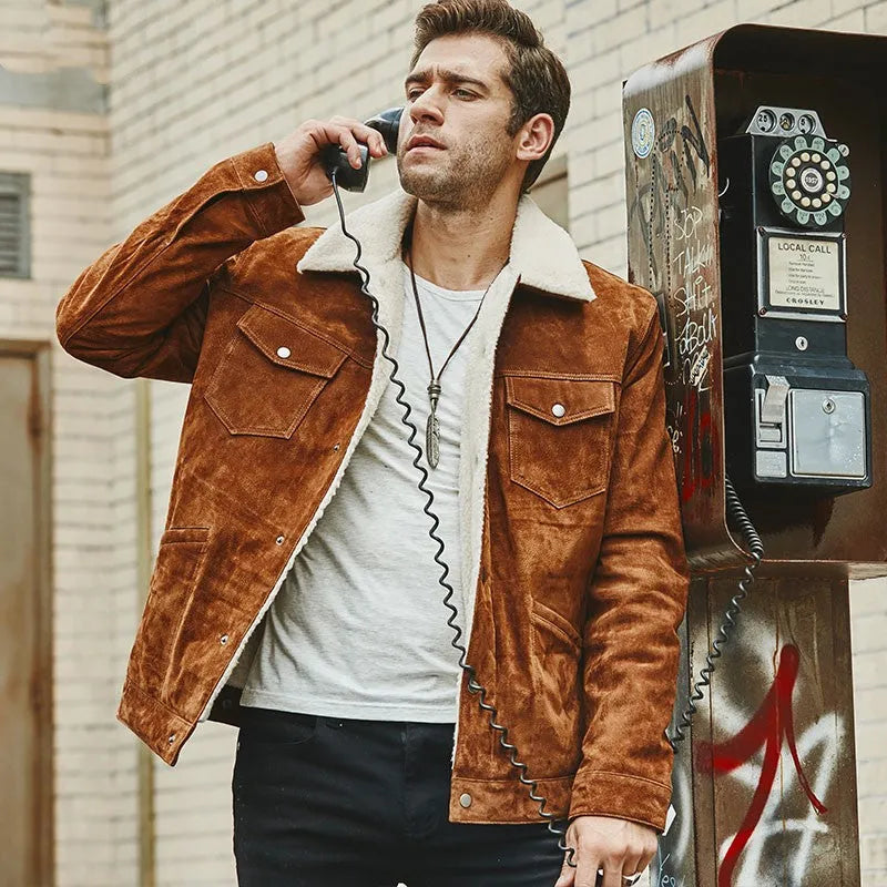 Men's brown genuine pigskin leather cotton padded jacket with lapel collar, straight cut, regular length