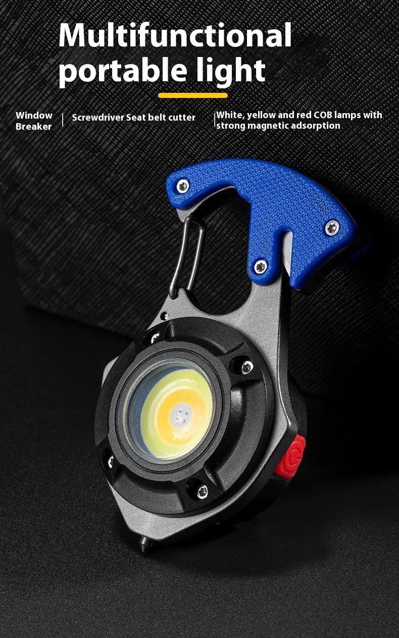 Portable keychain torch with window-breaking hammer, screwdriver, and smart display showing lighting modes