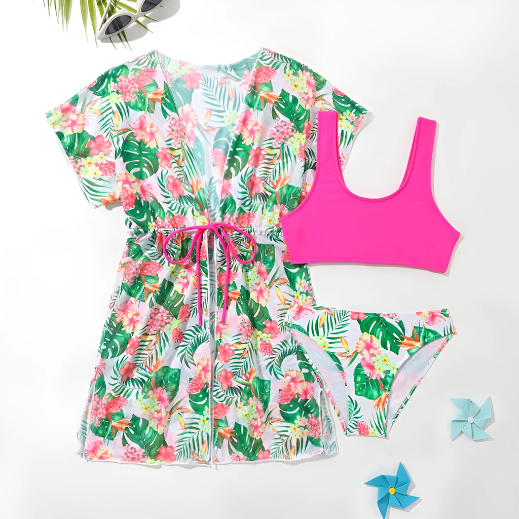 Girls' floral two-piece swimsuit with high elasticity polyester fabric for swimming sports