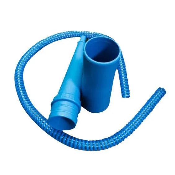 Blue vacuum cleaner suction pipe with round head attachment and three blue opp bags for extended reach cleaning