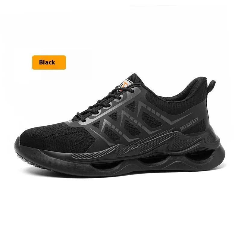 Black steel toe safety shoes with flat knit upper fabric and lace-up closure