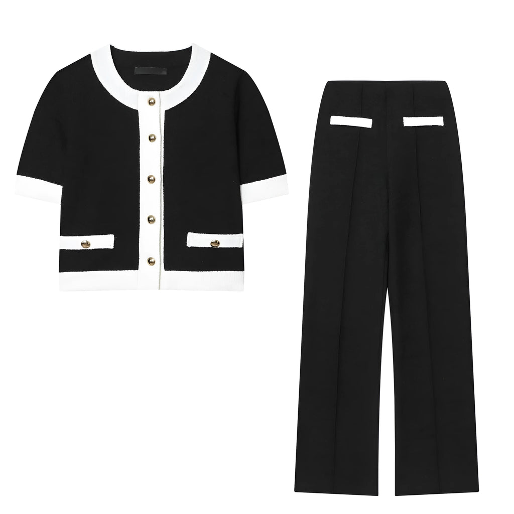 Women's contrast colour beaded leather round neck top with high-waisted trousers suit set in street fashion style
