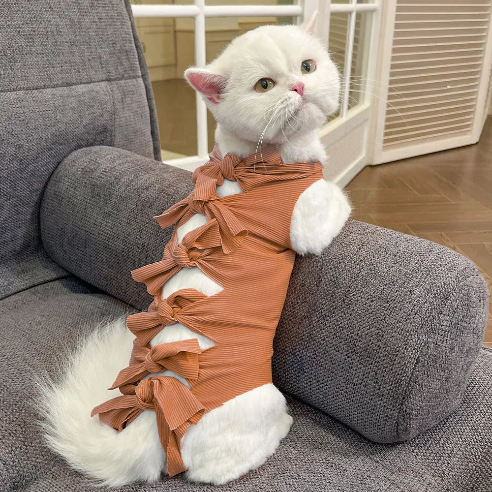 Adjustable polyester cat recovery suit for post-operation wear in blue colour with lace-up closure