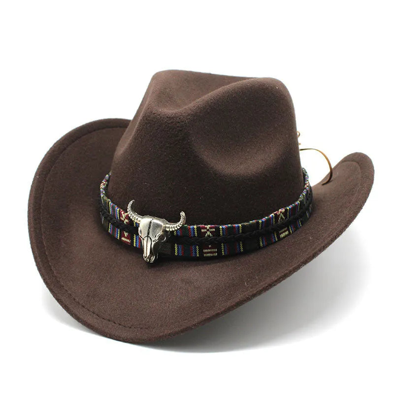 A wool felt western cowboy hat with a bell crown, shown in one of fourteen available colours including army green, black, or wine red.