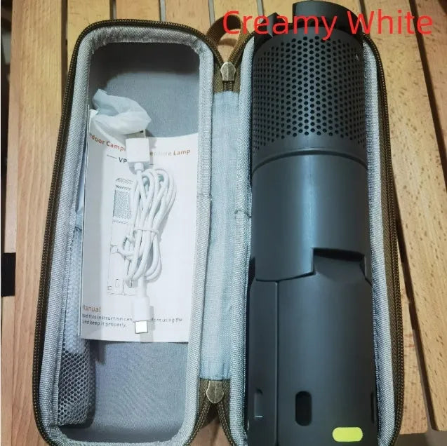 Portable creamy white and dark grey LED camping lantern with push button.