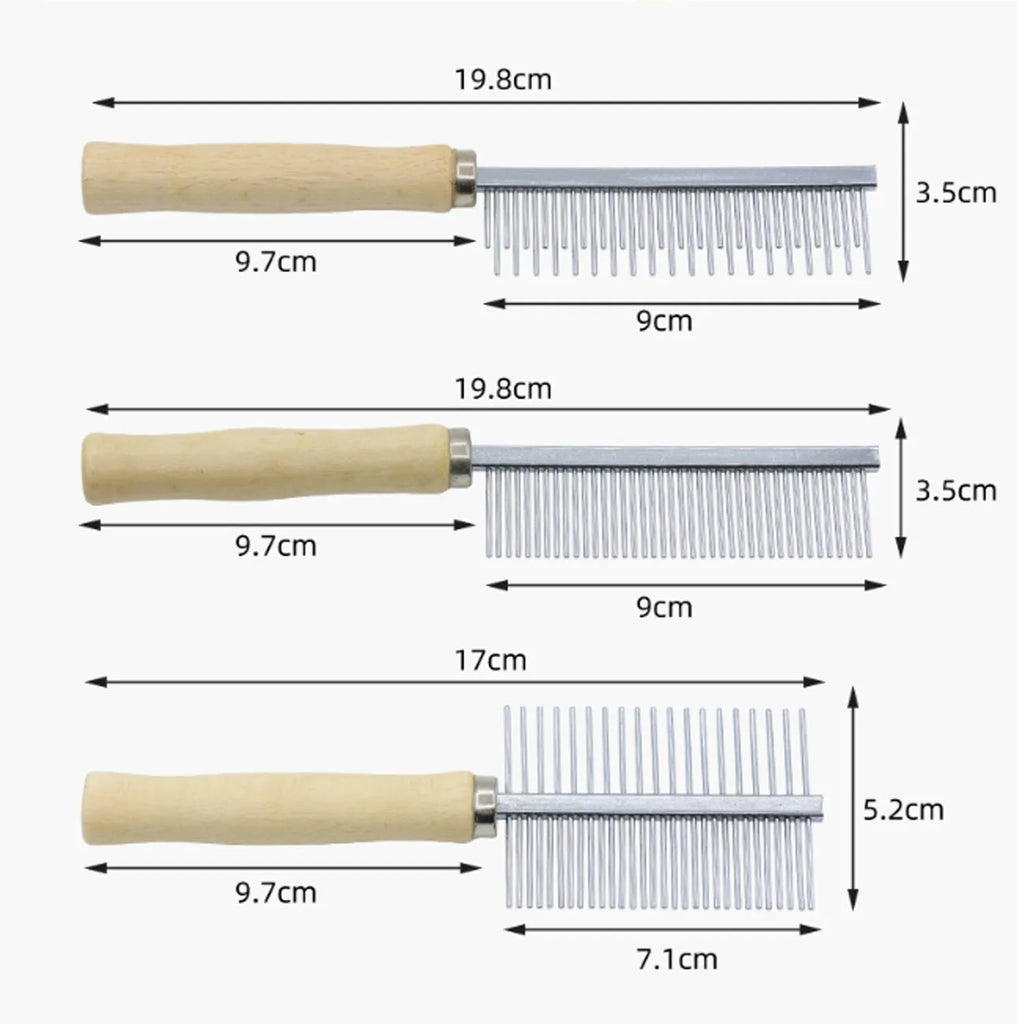 Wooden handle pet grooming comb for dogs and cats with rounded safety needles