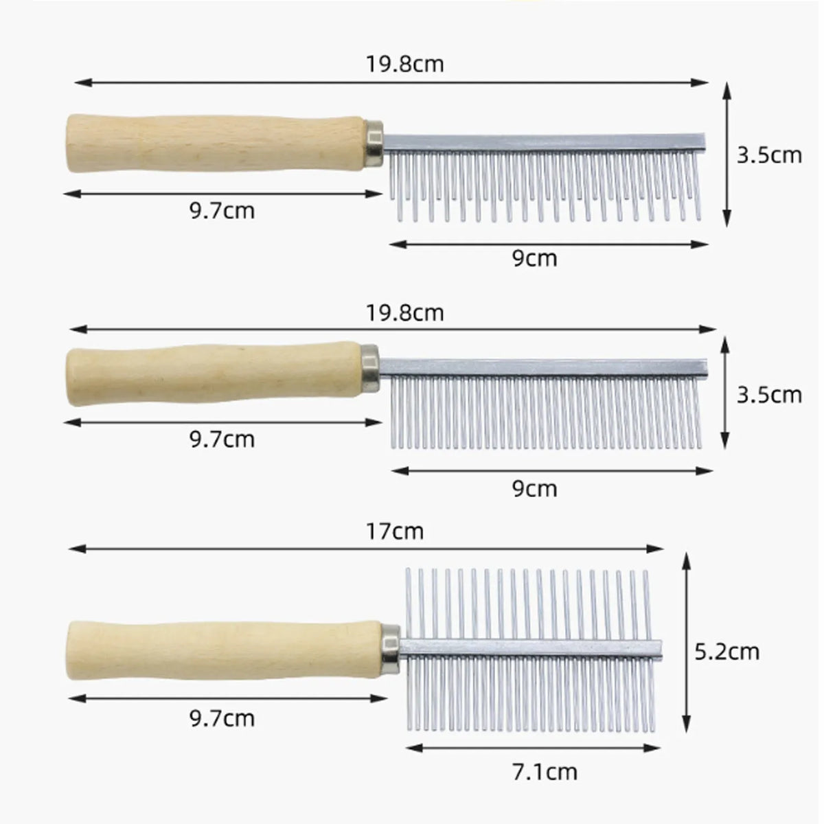 Wooden handle pet grooming comb for dogs and cats with rounded safety needles