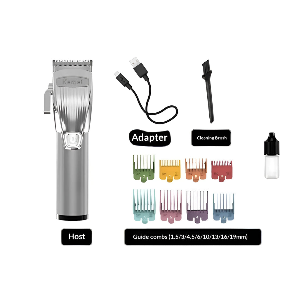 Noise-reducing electric clipper KM-K32 with eight limiting combs, USB cable, cleaning brush, and lubricant for quiet oil head carving