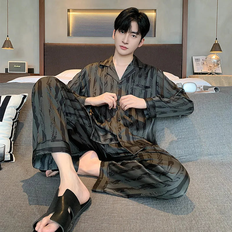 Men's black stripes ice silk pajama set with V-neck top and long trousers