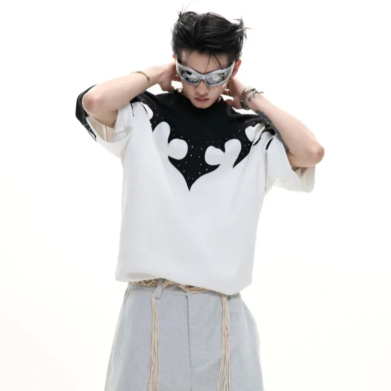 Men's short sleeve cotton shirt with burnt flower embroidery and rhinestone detailing in loose fit drop shoulder design