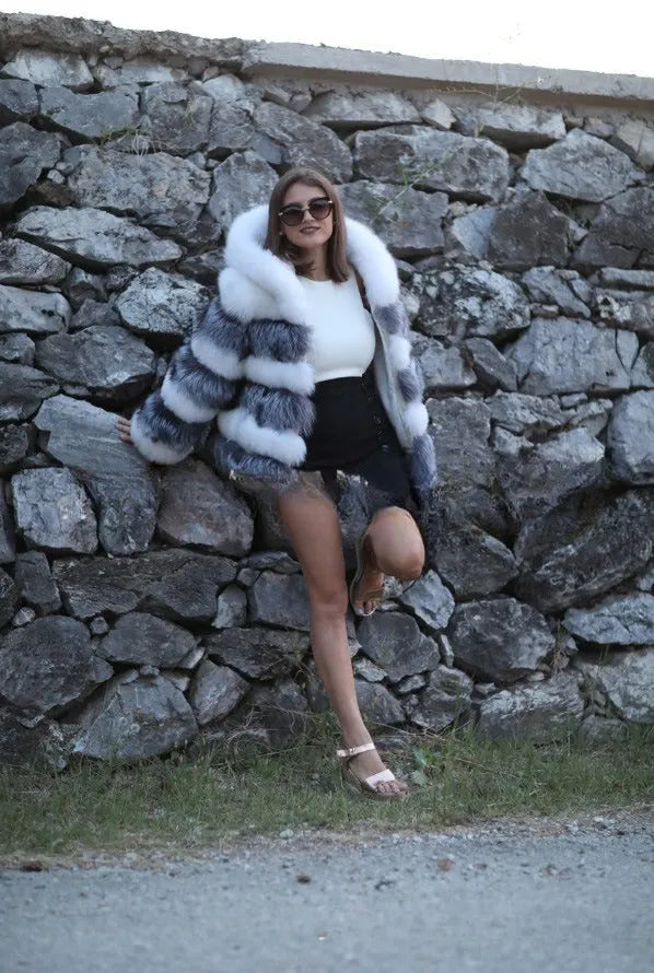 Women's loose artificial fur hooded coat in brown colour, street fashion style