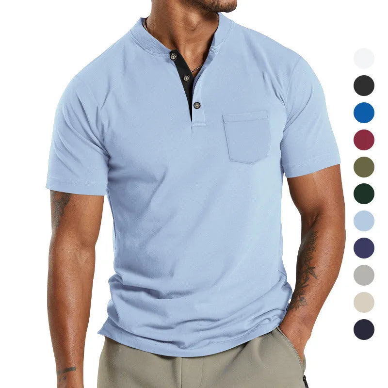 Men's plus size short sleeve polyester polo shirt with button chest pocket in solid colour