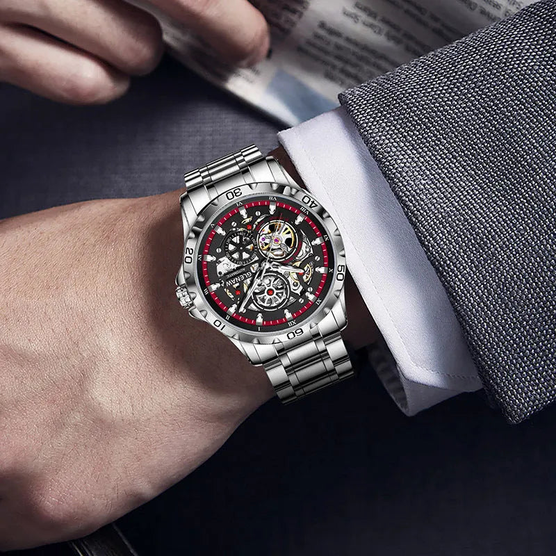 Men's automatic mechanical watch with hollow-out luminous dial and stainless steel strap