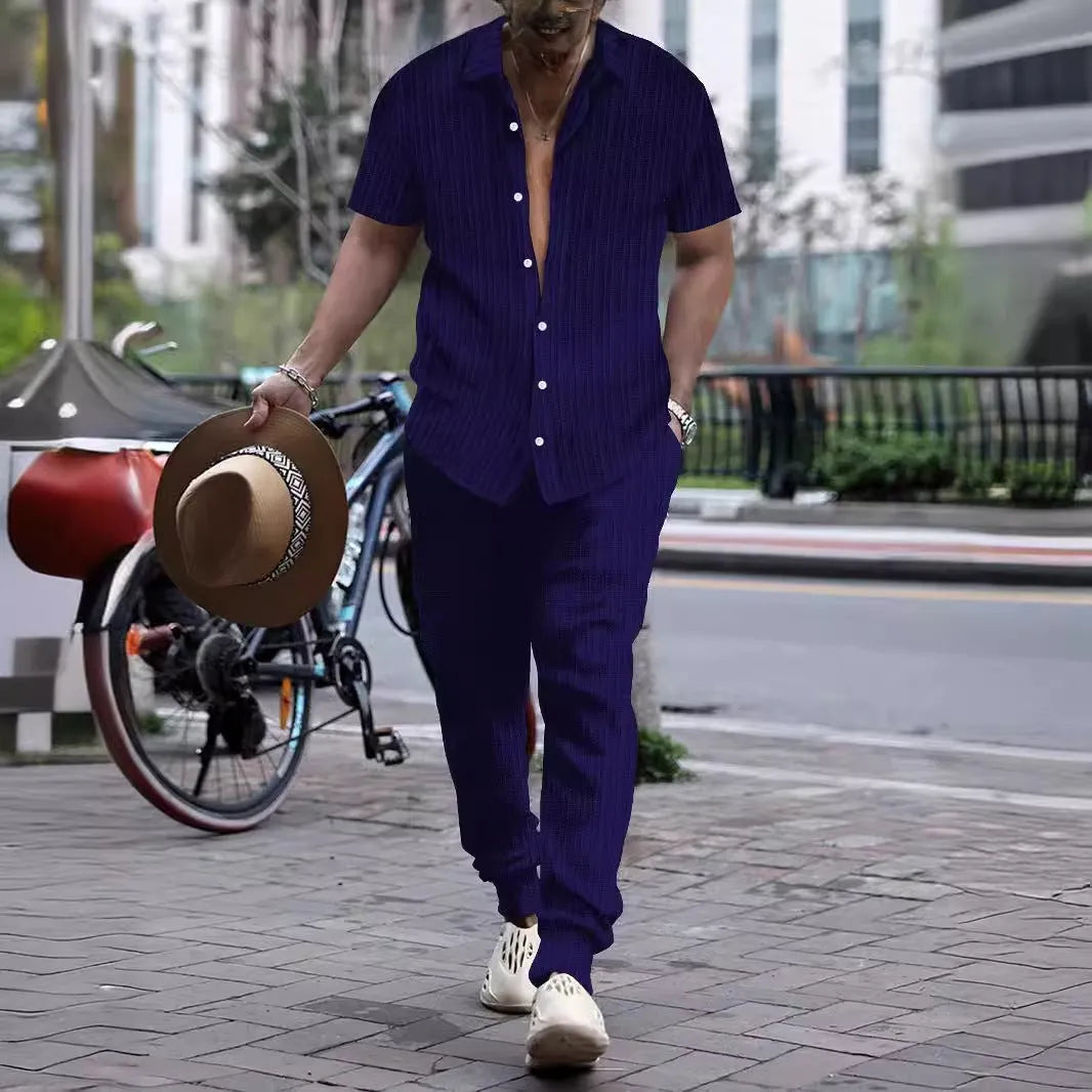 Men's casual loose short sleeve shirt and trouser beach suit in cotton blend, available in multiple colours