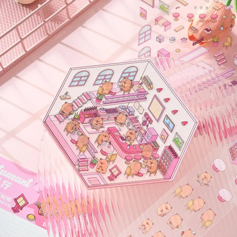 PET cut-free three-dimensional cartoon stickers for journal landscaping in eight shop-themed colours