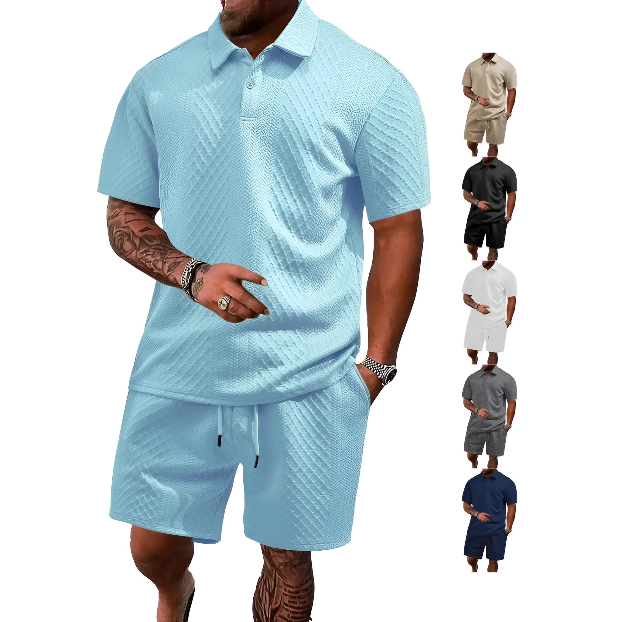 Men's patterned cloth casual short sleeve suit with polo shirt and trousers in various colours.