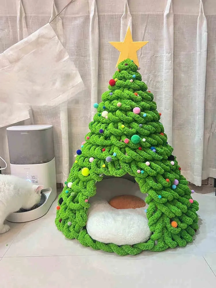 Christmas tree coarse wool woven pet nest material pack for handmade cat nest with base fabric, stars, and cushion options