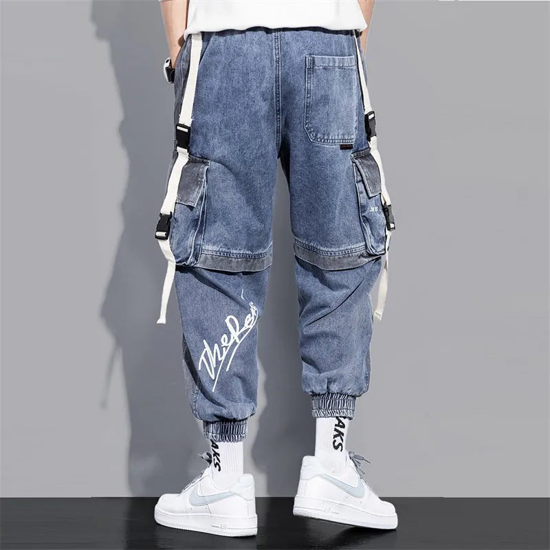 Men's loose hip-hop workwear jeans in gray blue, 99% polyester, size 2XL shown