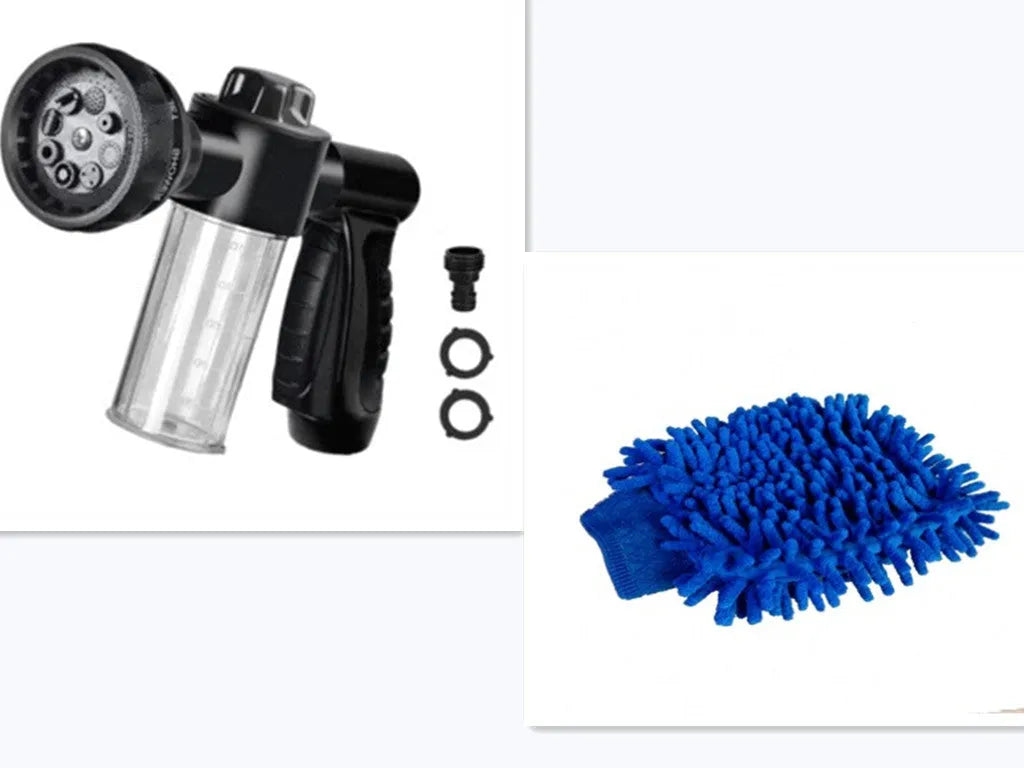 Green high-pressure foam spray gun with adjustable nozzle for car washing and household cleaning tasks