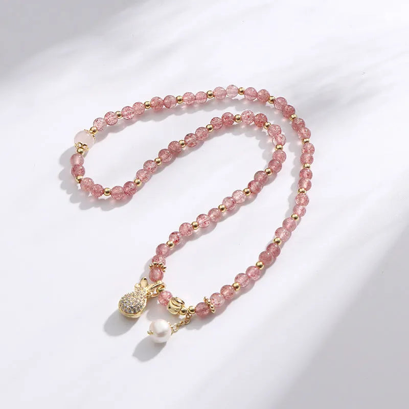 Strawberry quartz crystal bracelet with geometric beads and silver-plated components for women